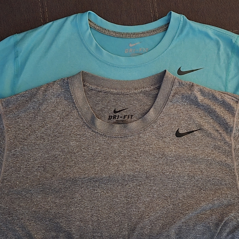 (2) Men's Large Nike Dri-Fit T-shirts: (1) Aqua/Teal and (1) Heather Gray